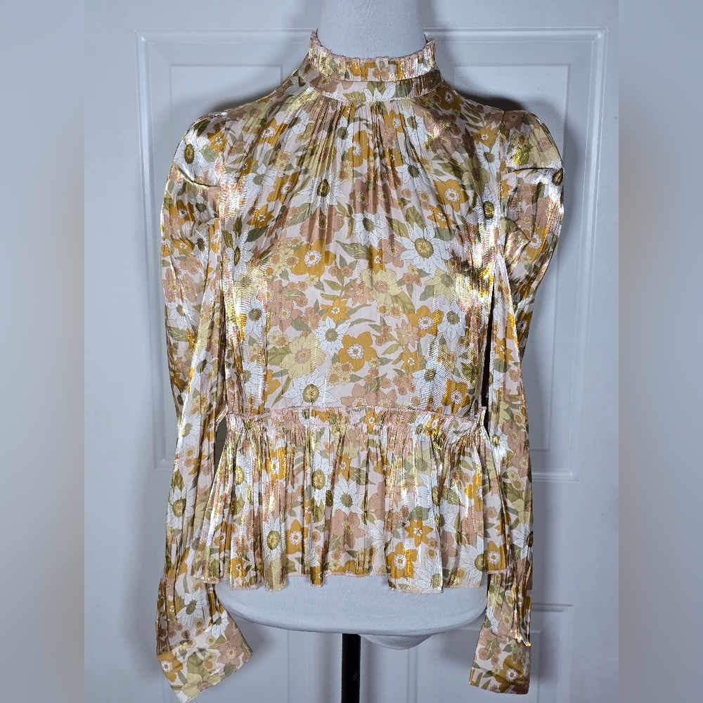 Ontwelth Ruffle Collar Floral Print Women's Medium Top